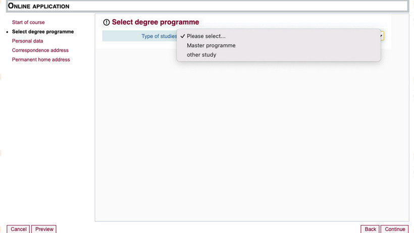 Screenshot myCampus Step Programme selection type of studies