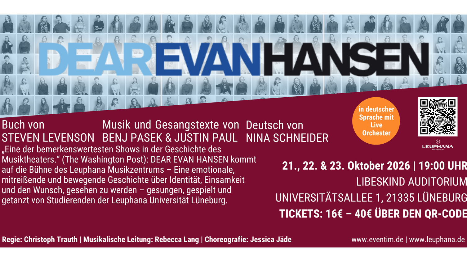 Banner des Musicals Dear Evan Hansen; mit wesentlichen Eckdaten und QR-Code zum Ticketlink