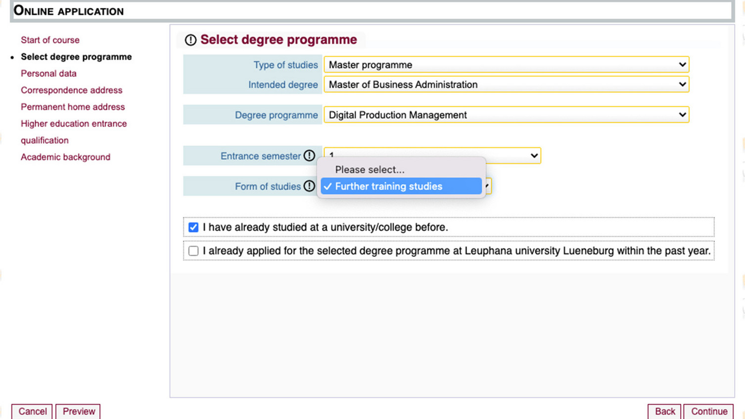 Selection of study programme Step 4: Selection of the form of study programme