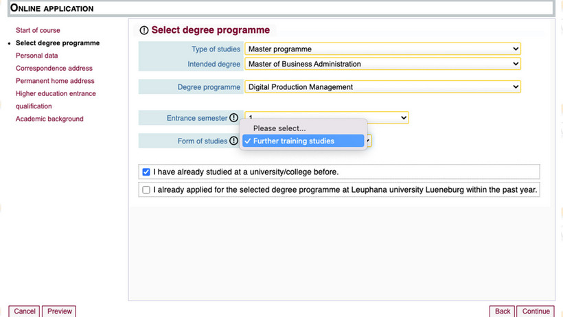 Screenshot myCampus Step Programme Selection Form of Study