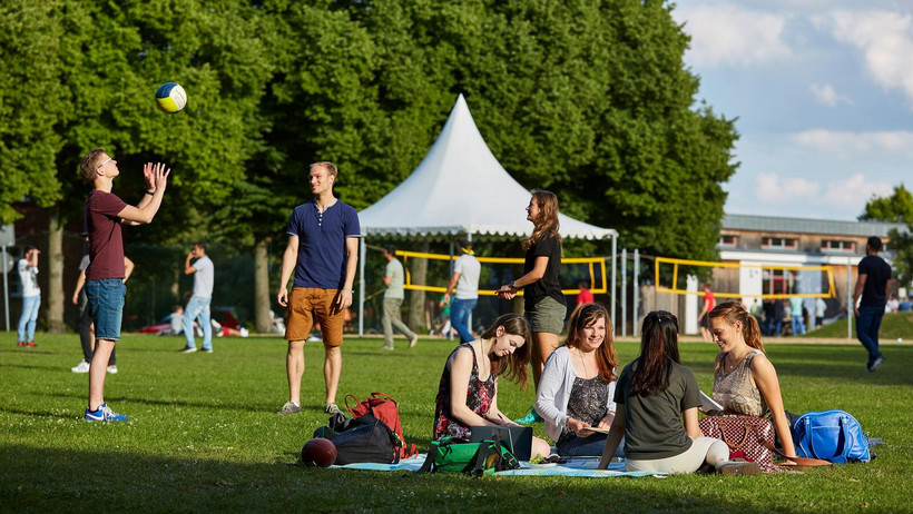 Studierende spielen Volleyball auf der Mensawiese.