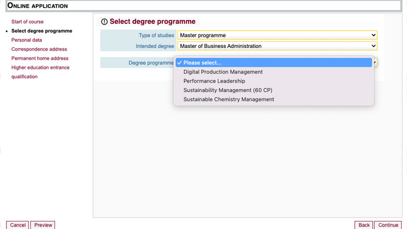 Screenshot myCampus Step degree programme