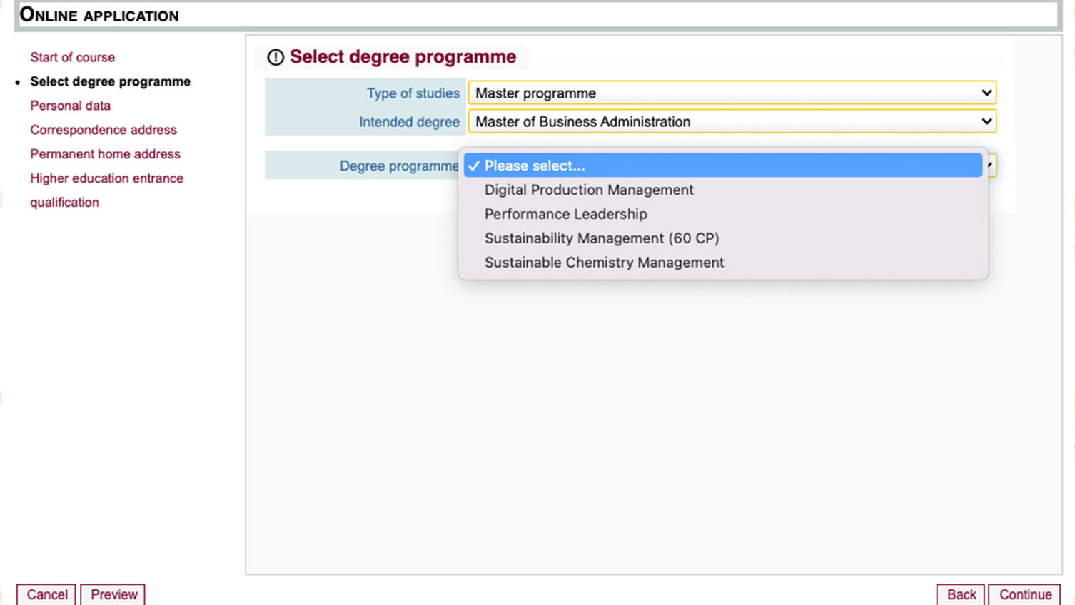 Course selection Step 3: Selection of the preferred course of study