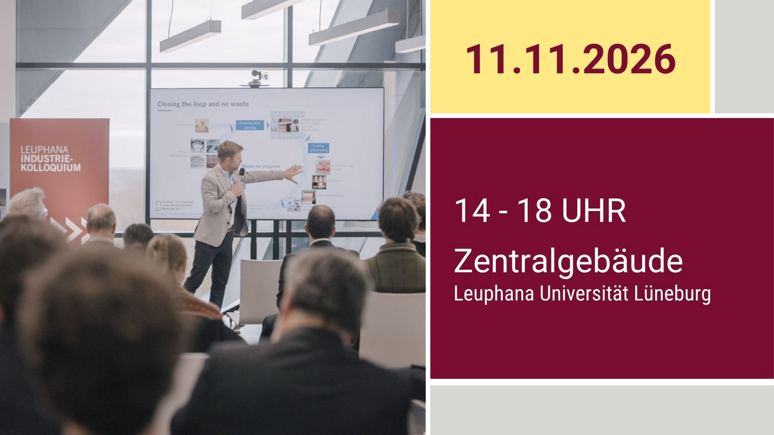 11.11.2026, 14-18 Uhr, Zentralgebäude Leuphana, auf dem Bild steht ein Mann vor einem großen Bildschirm und zeigt auf eine Grafik