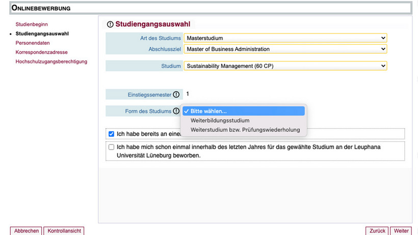 Screenshot myCampus Schritt Studiengangsauswahl Form des Studiums