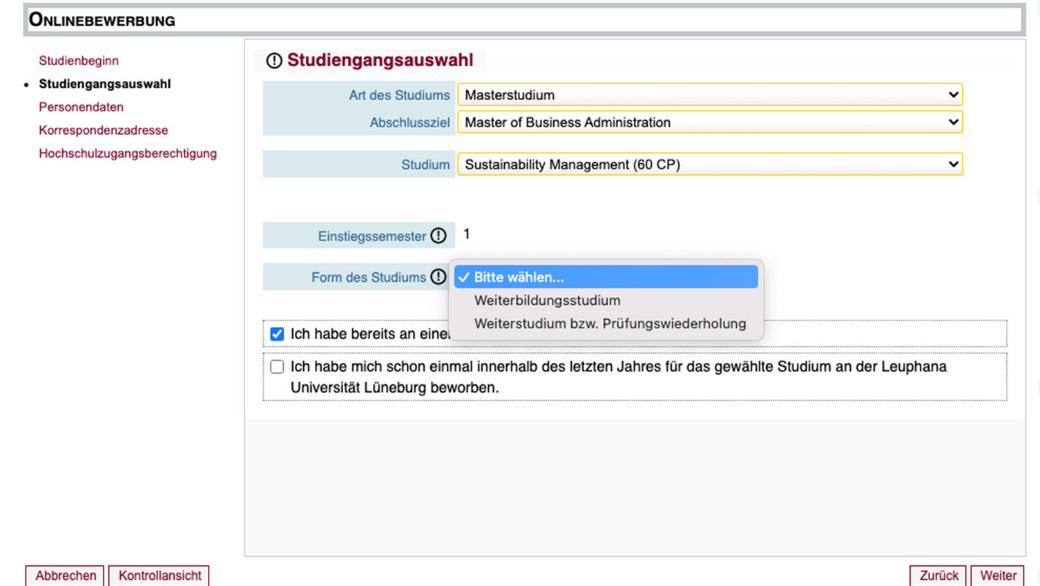 Studiengangsauswahl Schritt 4: Auswahl der Form des Studiums