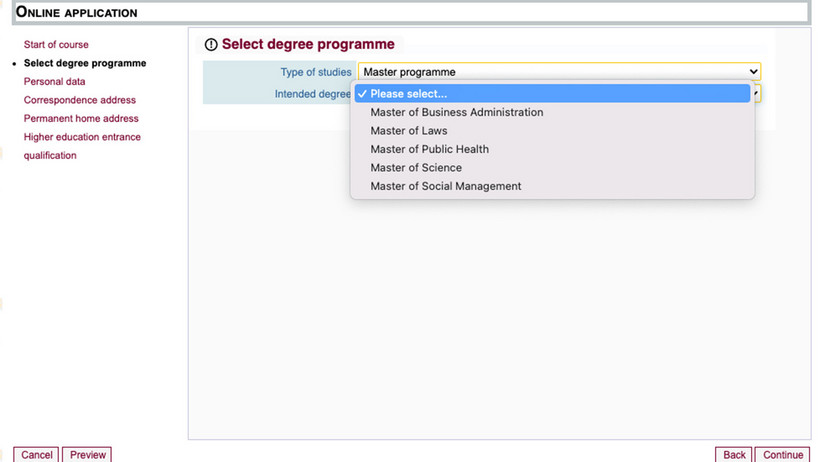 Screenshot myCampus Step Programme Selection intended degree