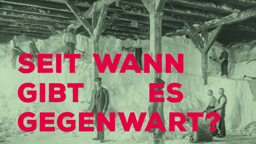 Postkarte "Seit wann gibt es Gegenwart?". Hintergrund: Saline, Innenaufnahme. 