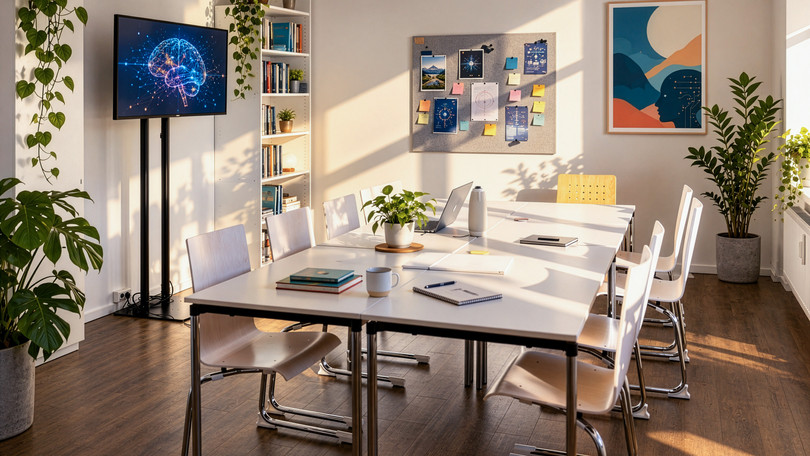 Ein Raum im Leuphana Startup Lab mit großem Tisch in der Mitte zum Co-Working