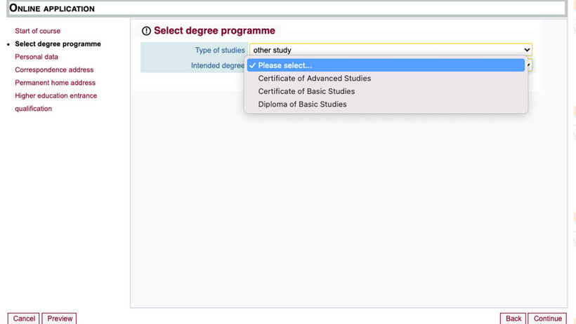 Screenshot of myCampus step Selecting a degree programme intended degree - other studies