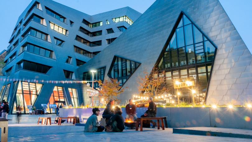 Central building in the evening with lighting
