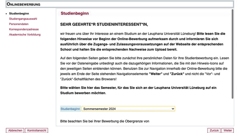 Screenshot Auswahl Studienbeginn myCampus