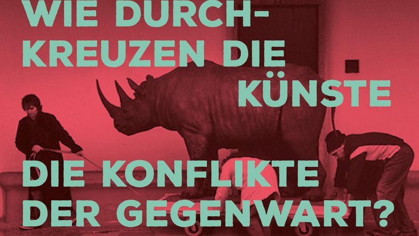 Postkarte "Wie durchkreuzen die Künste die Konflikte der Gegenwart?". Hintergrund: Javier Téllez, O Rinoceronte de Dürer.