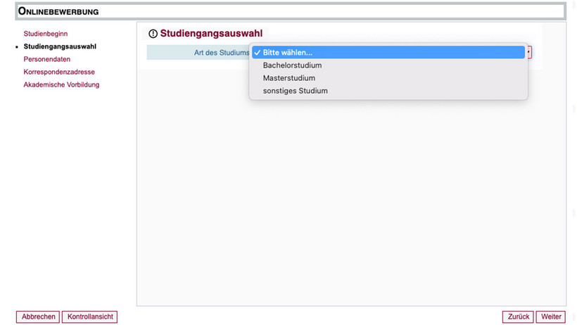 Screenshot myCampus Schritt Studiengangsauswahl Art des Studiums