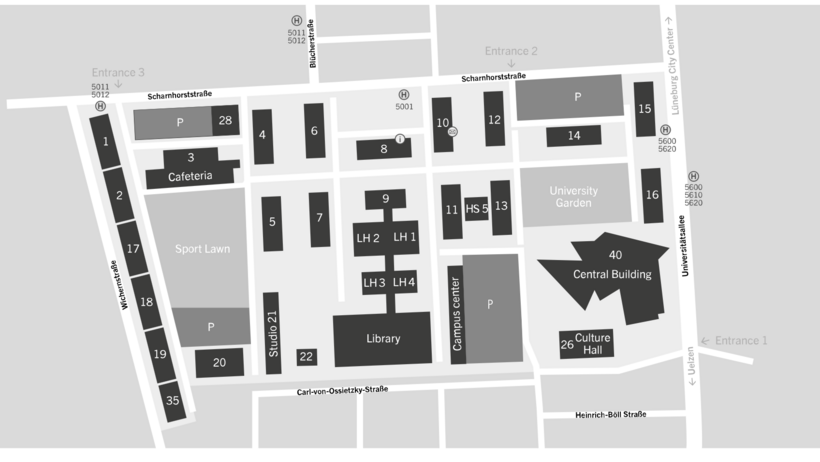 Location map of the central campus of Leuphana University