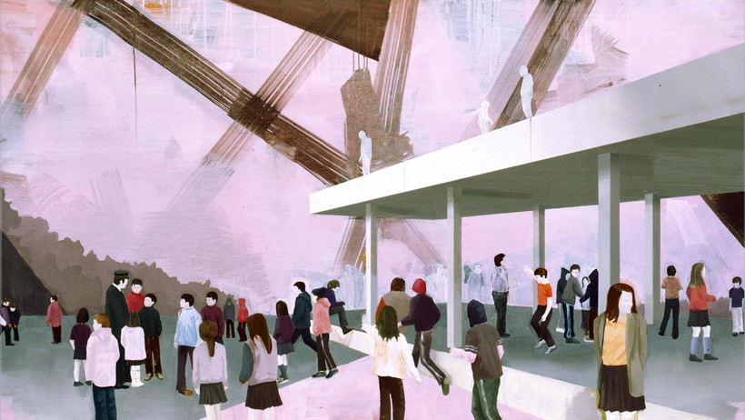 Thomas Eggerer, The Privilege of the Roof, 2004, Acrylic on canvas, 48 x 92 inches. (Detail).