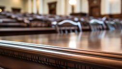 An empty courtroom with chairs and a deserted judge's table.