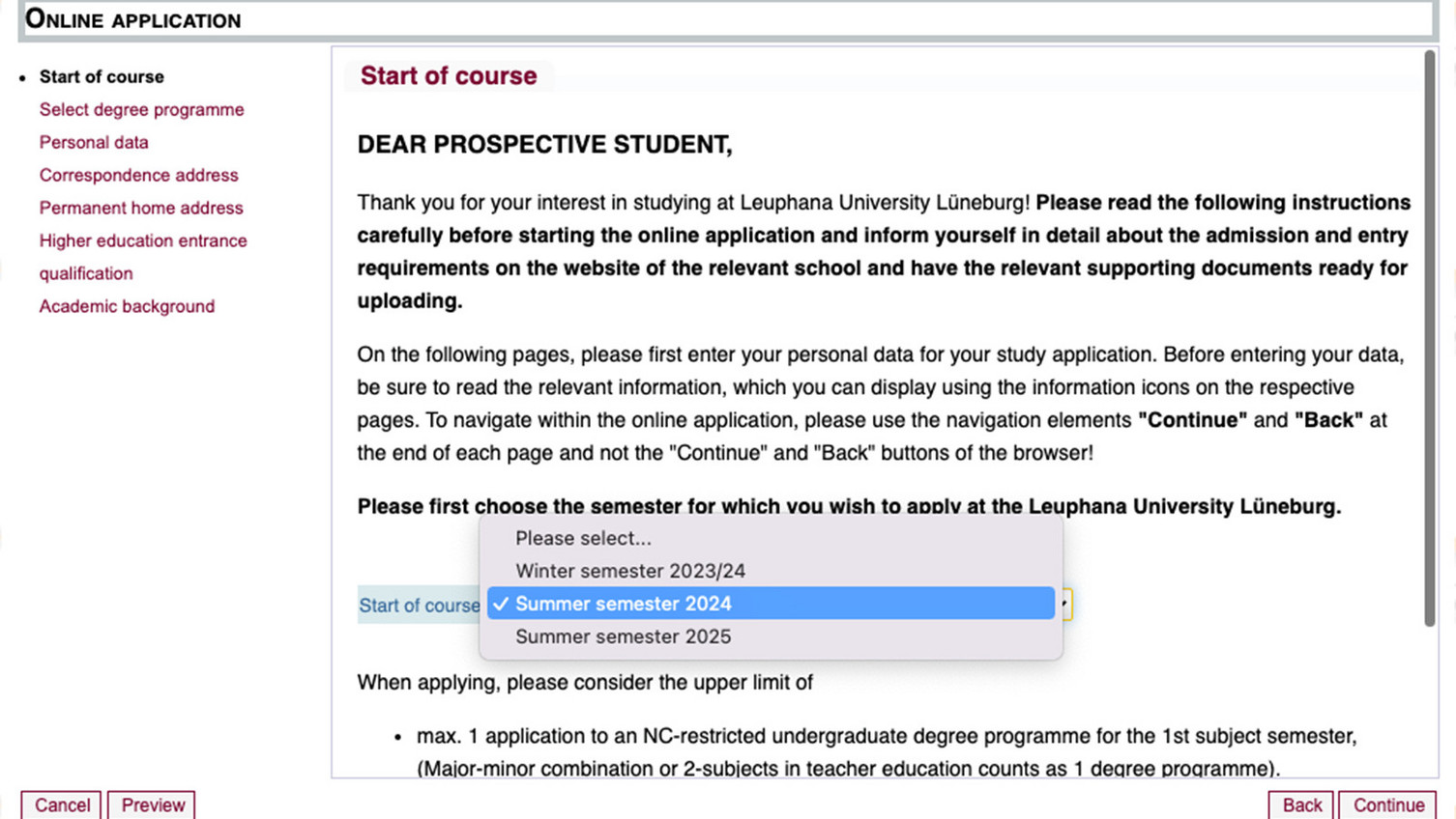 Screenshot myCampus: Choose start of course