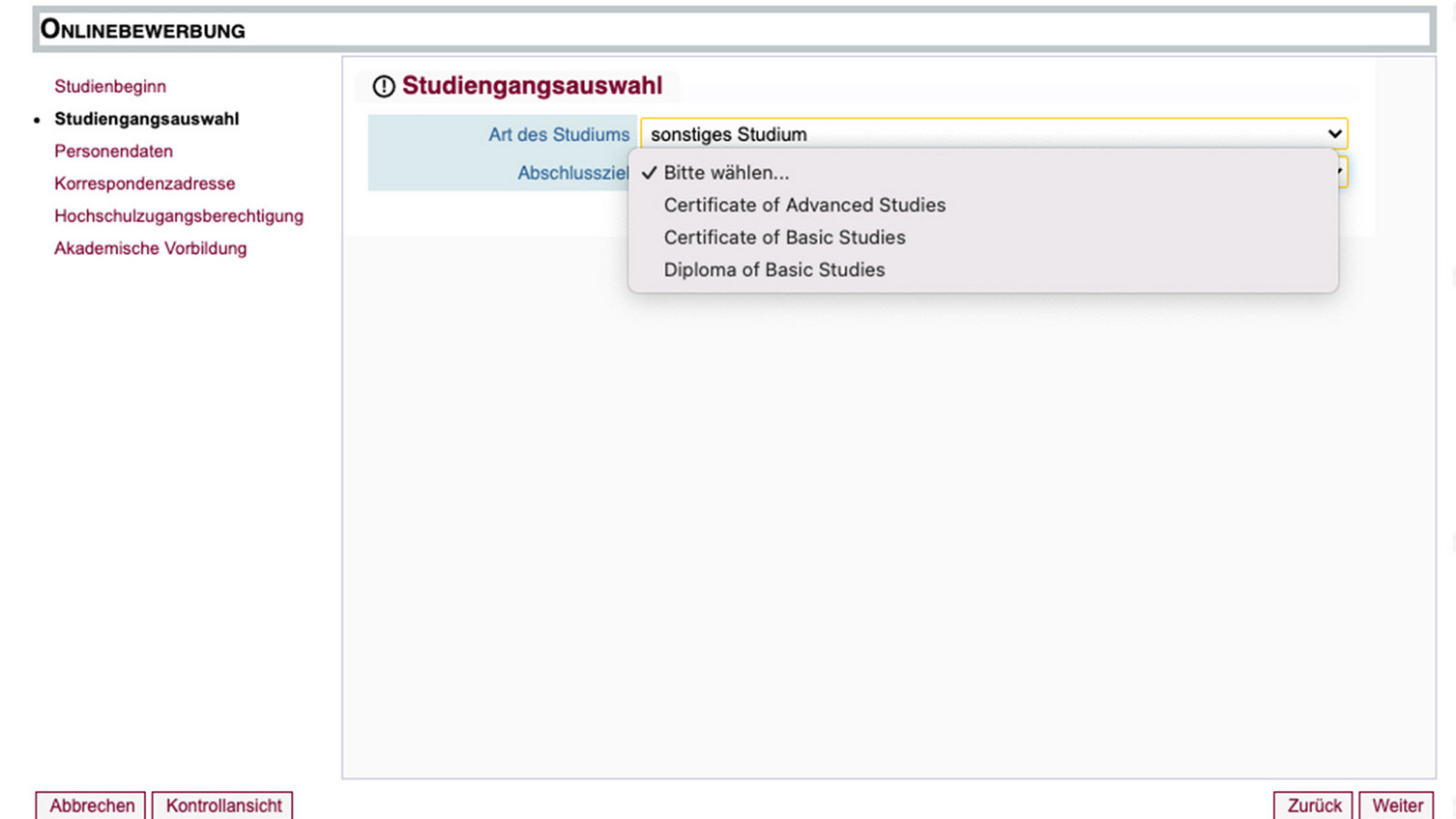 Studiengangsauswahl Schritt 2: Auswahl des Abschlussziels - sonstiges Studium