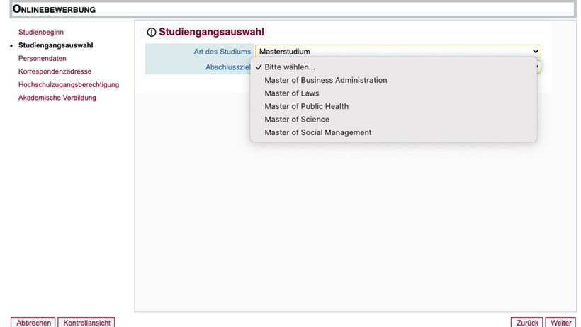 Screenshot myCampus Schritt Studiengangsauswahl Abschlussziel