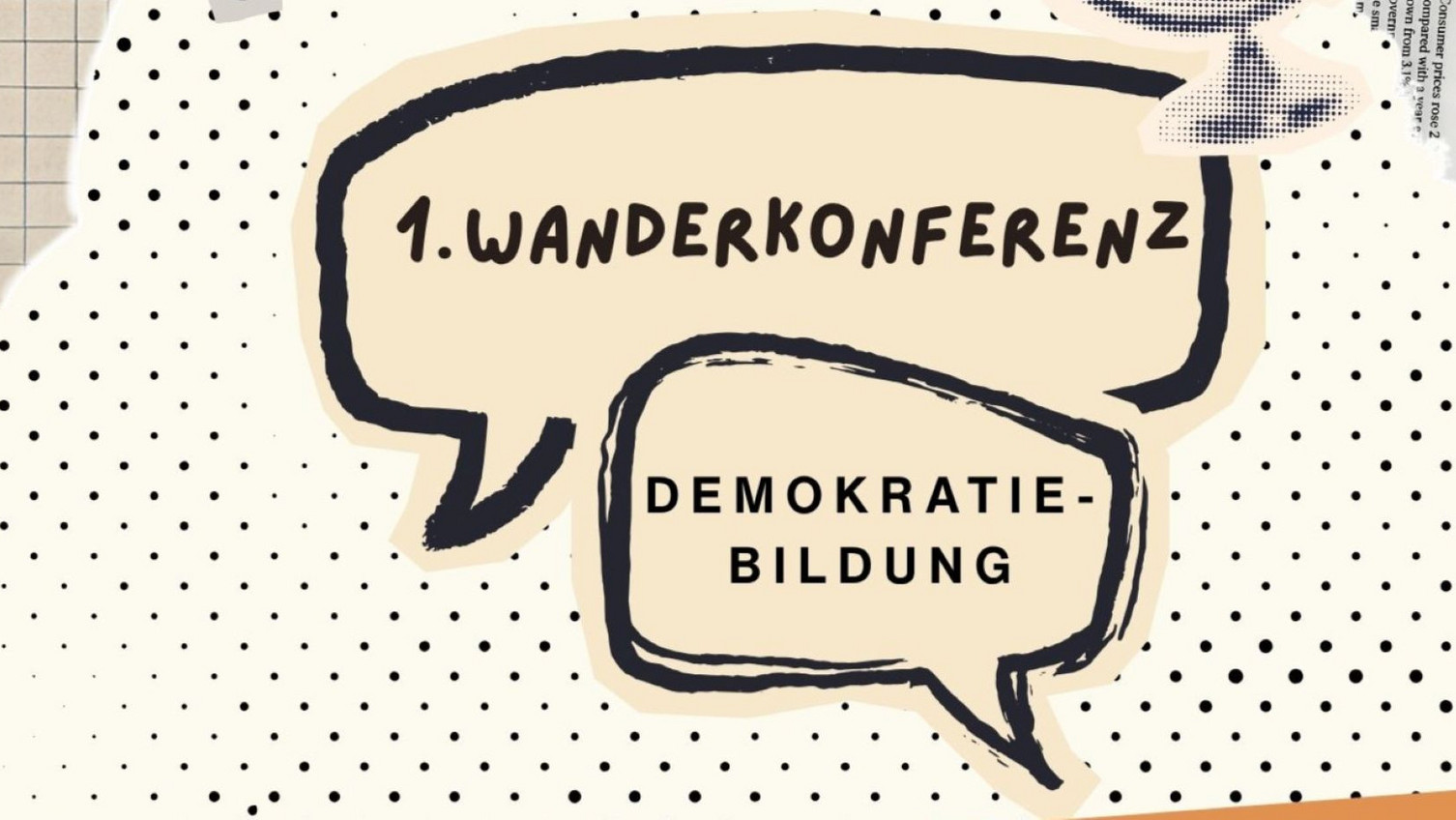 Two speech bubbles with the text “1st Travelling Conference” and “Democracy Education”