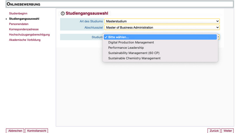 Screenshot myCampus Schritt Studiengangsauswahl Studium