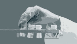 Stilisiertes Foto einer Hand, die Reagenzgläschen greift und deren Arm mit einem Kittel bekleidet ist
